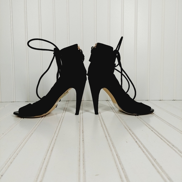 Saks Fifth Avenue Naylee Black Suede Tie Up Sandals Stiletto Heels I418 - Picture 7 of 14